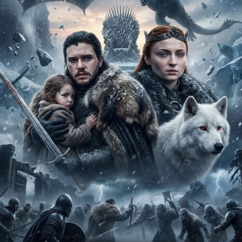 Tableau Métal Game of Thrones™ – Jon Snow, Sansa Stark et Fantôme