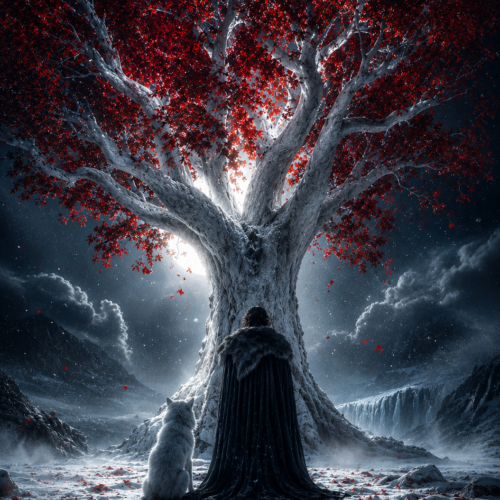 Tableau Métal Game of Thrones™ – Jon Snow sous l'Arbre-Cœur de Winterfell